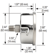 Load image into Gallery viewer, Noshok - 510 Series - 2.5" Stainless Steel Gauge, Glycerin Fill 1/4" NPT Center Stem - Isopure Water - 25 - 510 - 100