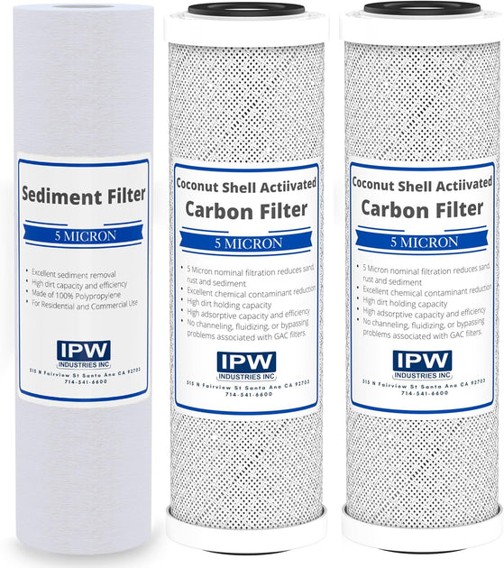 IPW-Industries-Inc-Compatible-Filters:-Two-10”-x-2.5”-Coconut-Carbon-Block--Spun-Polypropylene-Sediment-5-Micron-Prefilters-for-Reverse-Osmosis,Isopure-Water,8