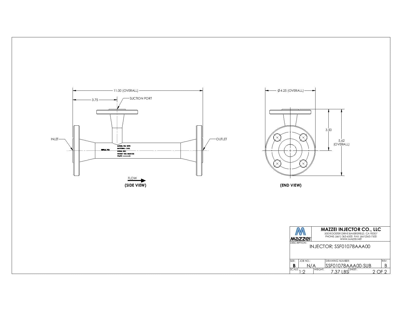 Mazzei - 1078 Series - 1.0” Male NPT Inlet/Outlet Connections (0.50” B ...