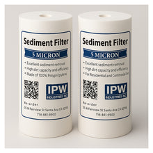 Load image into Gallery viewer, 5 Micron Sediment Water Filter Cartridge 10" x 4.5" - Whole House Water Filter Replacement - Full Flow Sediment Filtration System by IPW Industries Inc
